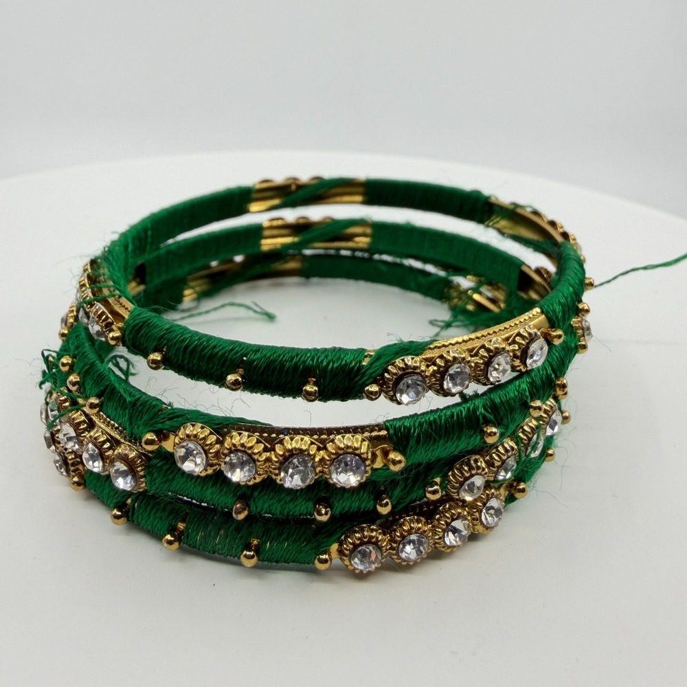 Y2K Emerald Green Rhinestone & Gold-Tone Thread-Wrapped Bangle Set - Picture 4 of 11